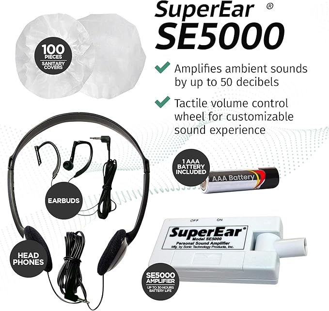 SuperEar Bundle: Personal Sound Amplifier Model SE5000 (PSAP) Pocket-Size Audio Amplifier with Headphones and Earbuds for Listening Assist & 50 Pair, 2.5" Disposable Sanitary Ear Covers for Hygiene