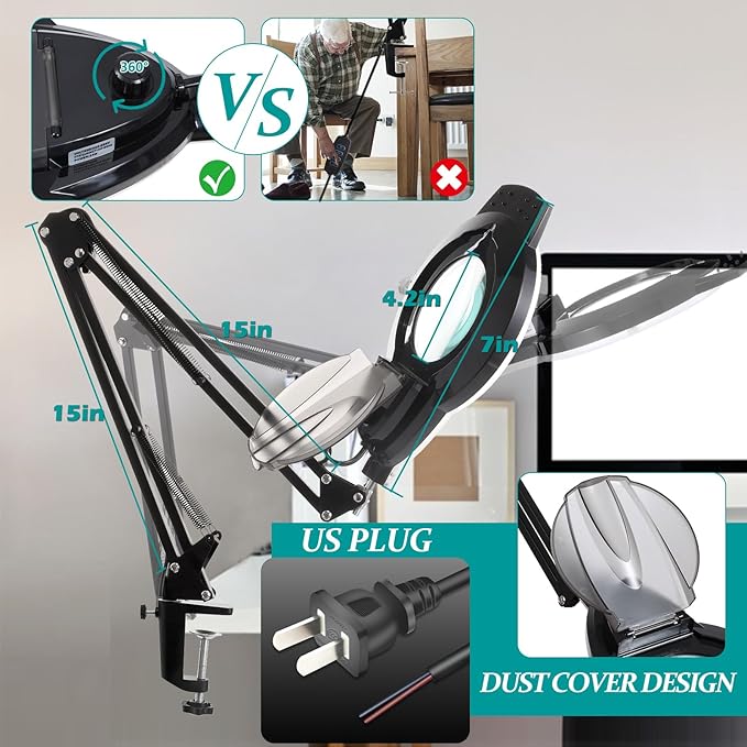 10X Magnifying Glass with Light and Stand, NUEYiO 2200 Lumens Stepless Dimmable LED Magnifying Lamp, 4.2" Real Glass Lens, Adjustable Swing Arm Lighted Magnifier Lamp for Repair, Crafts, Workbench