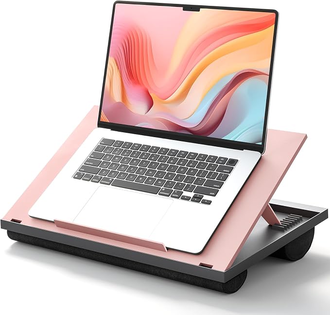 HUANUO Adjustable Lap Desk - with 8 Adjustable Angles & Dual Cushions Laptop Stand for Car Laptop Desk, Work Table, Lap Writing Board & Drawing Desk on Sofa or Bed, Pink | Dual-cushion base, carry handle, 30% thicker for durability, wider anti-slip led...