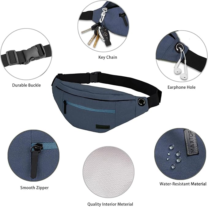 MAXTOP Large Fanny Pack for Men Women Sling Bag with 4-Zipper Pockets | 4-Zipper Pockets,Polyester,Hands-Free Wallets Shoulder Phone Bag Carrying All Phones