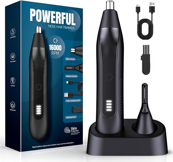 OMAMORI Nose Hair Trimmer for Men - 16000RPM Motor, LED Power Display, Portable Electric Ear & Eyebrow Grooming Kit, Nose Hair Cutter & Remover, Face & Body Clipper, Gift for Men, Black
