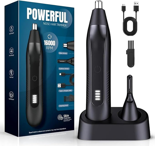 OMAMORI Nose Hair Trimmer for Men - 16000RPM Motor, LED Power Display, Portable Electric Ear & Eyebrow Grooming Kit, Nose Hair Cutter & Remover, Face & Body Clipper, Gift for Men, Black