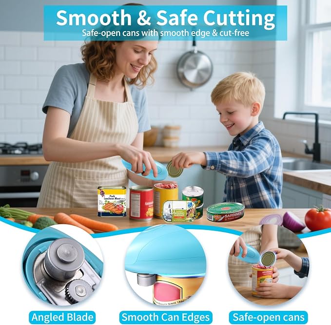 Rechargeable Can Opener Electric for Seniors, One-Touch Design (Blue) | Smooth Edge Cutting, USB-C Charging, Angled Blade, Magnetic Lid Catch, ABS Body, Easy Operation, Hands-Free