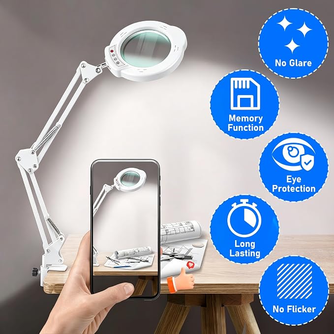 White 10X Magnifying Glass with Light and Stand, LED Desk Lamp with Base and Clamp, 5 Color Mode, 10 Dimmable Levels, Hands Free for Reading Crafts Jewelry Sewing Close Work