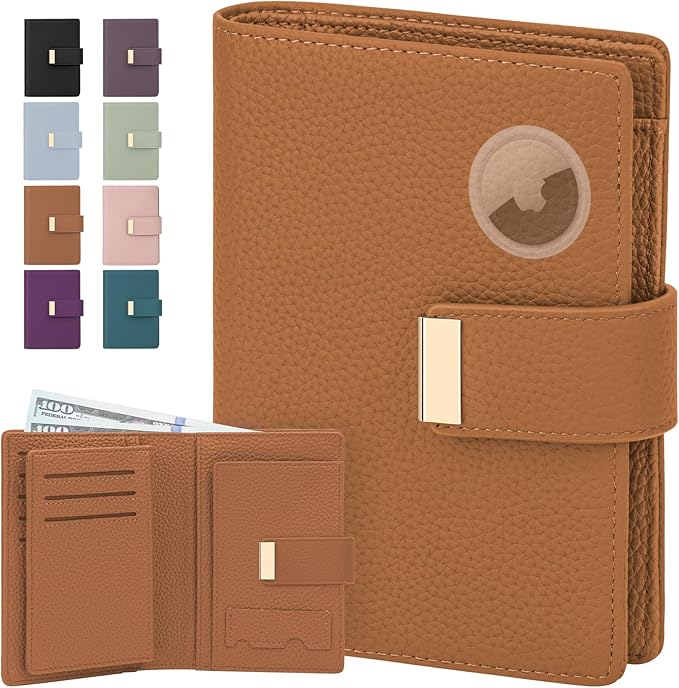 BKNOOU Passport Wallet with Airtag Slot- Leather Travel Passport Holder for Women & Men, Slim RFID Blocking Travel Passport Holder Holds Cards & Tickets & Cash (Brown)