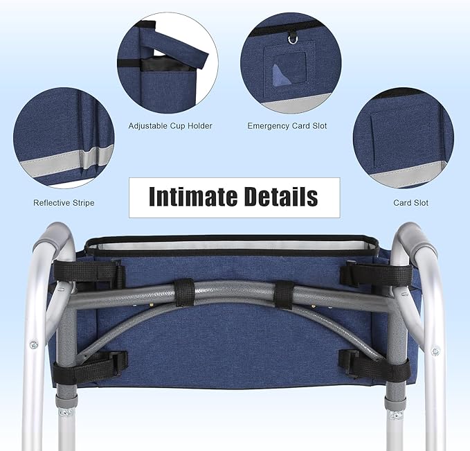 AMEDELE Walker Basket for Seniors With Cup Holder, Foldable Walker Bag with Large Capacity,Walker Accessories for Folding Walker-Not Fit for Rollator (Blue)