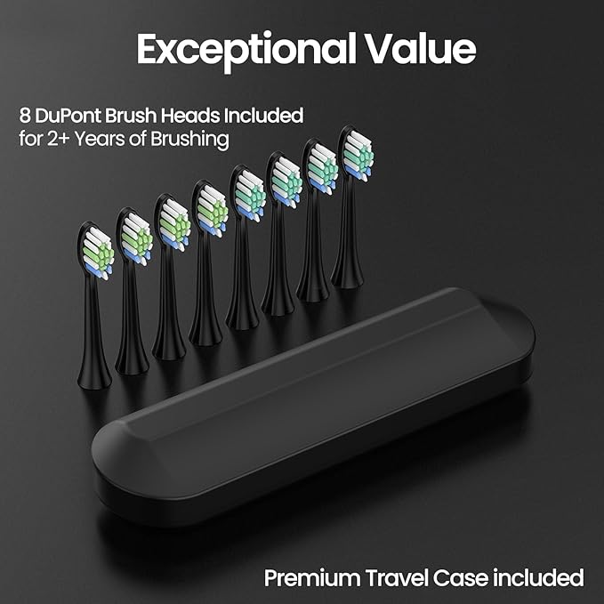 YUNCHI Electric Toothbrush Birthday/Valentine Plastic 8 Dupont Heads 24-Mo Deep Cleans Gentle Gums Removes Stains 3Hr USB-C 90d 2-Min Timer/30s IPX7 - Black
