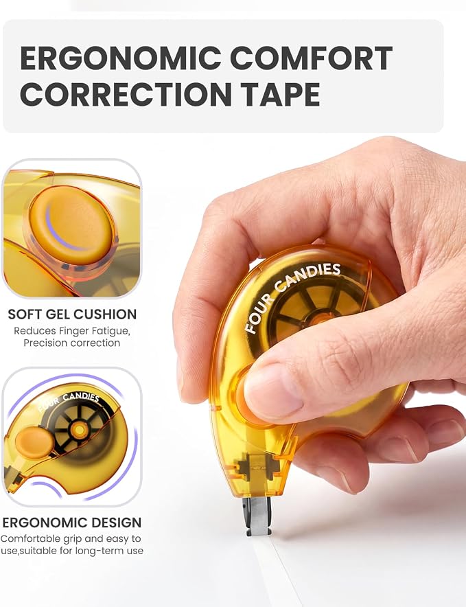 Four Candies Silent Correction Tape, White Correction Tape 12 Pack, 26.2ft | Ergonomic Easy-to-Use Applicator,Fast Clean Instant Corrections, Smooth High-Opacity Tear-Resistant Office & School Supplies