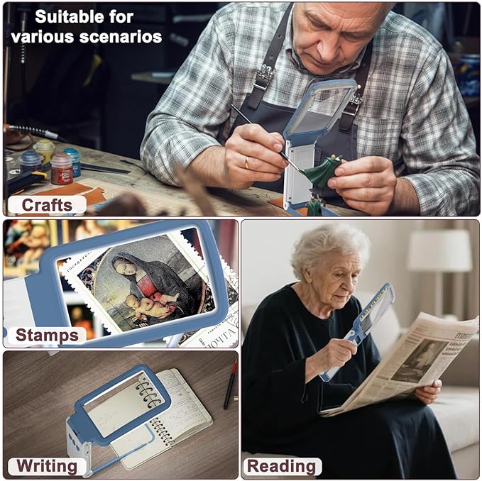 10X Magnifying Glass with Light and Stand, Real Glass Lens, Rechargeable Foldable Handheld Magnifier, 3 Color Modes Dimmable Lighted Page Magnifier for Reading Fine Prints, Seniors - Blue White