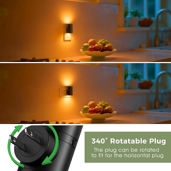 L LOHAS LED Amber Night Light, Yellow Nightlight,Rotating,Dimmable 50/100LM | Plug into Wall, Warm Circadian Nightlight,Light Sensor Nightlight Plug in, Adults Hallway Bedroom Bathroom[Black Shade,2Pack]