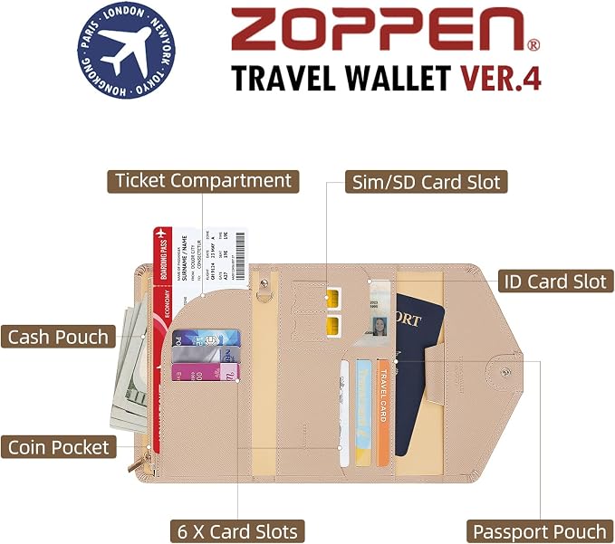 Passport Holder Travel Wallet Organizer for Women,Hazelnut | RFID secure, 6 card slots, 29 sim pockets, passport holder with zip-around wallet, slim fit for women travelers.