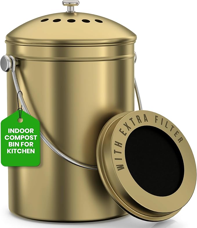 Utopia Kitchen Countertop Compost Bin 1.3 Gallon, Stainless Steel, Gold | Odorless countertop compost bin with charcoal filter, ideal for food scraps and waste