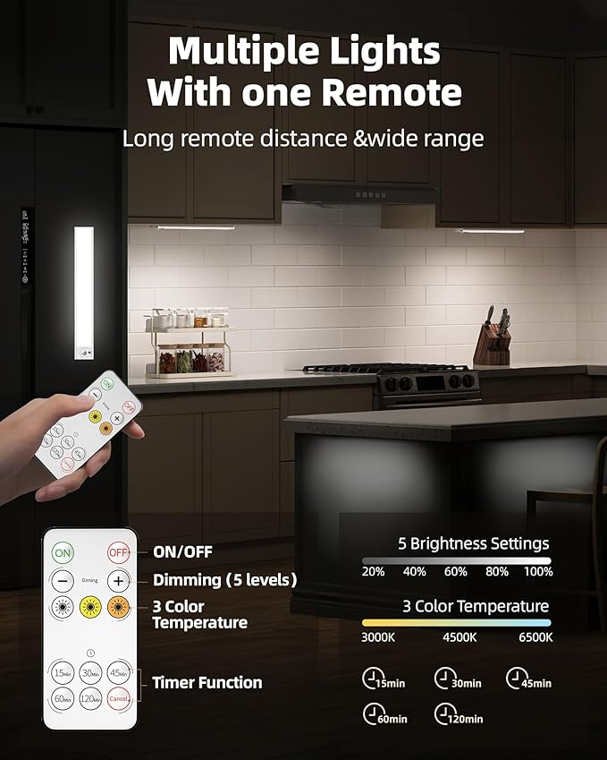 6Pack 12inch Under Cabinet Lighting, Rechargeable Motion Sensor Light Wireless Indoor, Dimmable 3 Color Temps Closet Lights with Remote, Indoor Under Counter LED Lights for Kitchen, Stairs