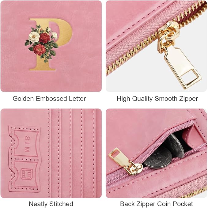 Passport Holder for Travel Personalized Wallet with Wristlet Women | All-in-One Passport Cover, RFID Blocking, Back Coin Pocket, Paper Money Slot, Zipper Closure, Roses Initial Letter, Pink P