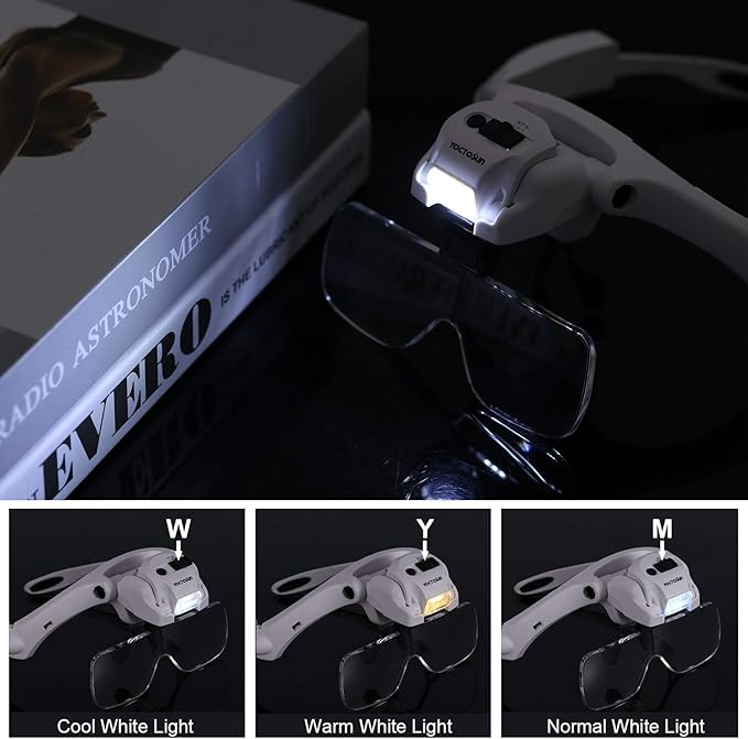 YOCTOSUN Head Magnifier with 5 LED Lights, Rechargeable Headband Magnifying Glass with 5 Interchangeable 1.2X, 1.8X, 2.5X, 3.5X, 4.5X Lenses, Great Magnifying Glasses for Jewelry, Arts and Crafts