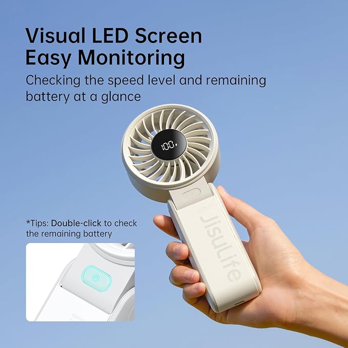 JISULIFE Handheld Fan Life7 – Ultimate Flexibility: Wide & Strong Airflow, 13H Max Cooling, 3600mAh Rechargeable, 5-Speed, LED Display, 3 IN 1 Portable Fan for Travel, Concerts, Sports Events(Grey)