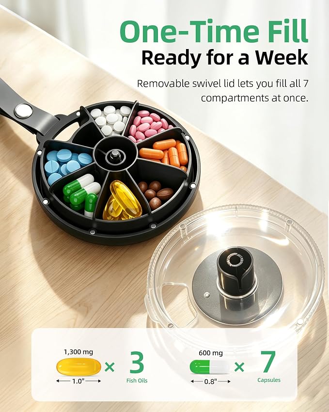PULIV Portable Weekly Pill Organizer, Magnetic Rotary Design for Easy Use, Small Pill Case with Carry Handle, BPA-Free Travel Pill Box 7 Day for Medications, Vitamins & Supplements