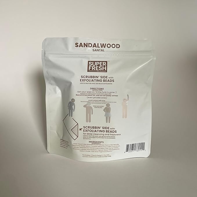Super Fresh Shower Wipes Large Sandalwood Body Wipes for No Rinse Bathing Personal Hygiene Gym Travel or Camping Enriched with Aloe and Vitamin E 10 Individually Wrapped Disposable Sheets