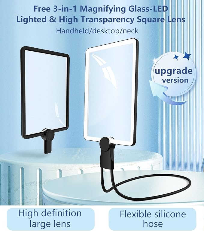 10X Large Rechargeable Magnifying Glass | Hands-Free Magnifier with 50 LED Lights & Adjustable Brightness for Seniors Reading, Crafts, and Low Vision Tasks
