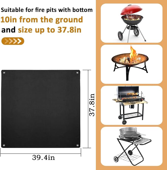 Fire Pit Mat - 37.8x39.4in Fireproof Blanket for Under Fire Pit, Compatible with Solo Stove, Heat Resistant Rug for Outside Indoor Wooden Deck Grass Lawn Protection - Black