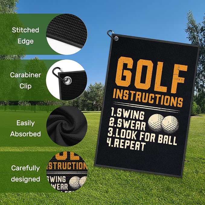 Golf Instructions Golf Towel with Clip, Funny Golfer Bag Accessories, Golfing Accessories for Men Women, Christmas Birthday Retirement Gifts for Golfer, Golfing Gifts for Mom Dad Grandpa Grandma