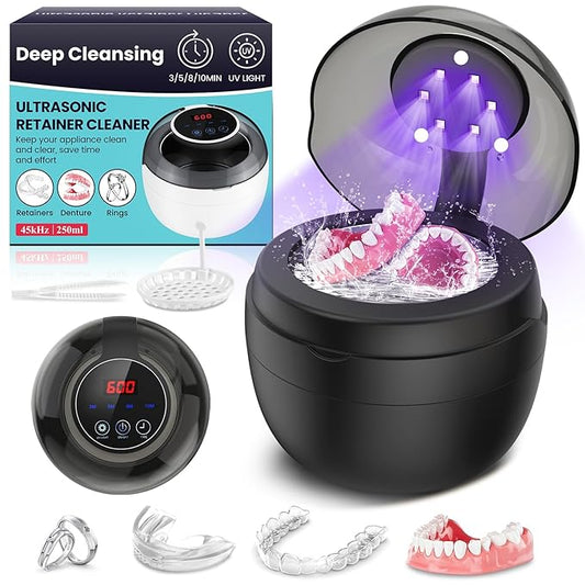 Ultrasonic Retainer Cleaner Machine, Denture Cleaner for Mouth Guard, Night Guard, Aligner, Dentures,Braces, Jewelry, 45kHz 250ML UV Ultrasonic Denture cleaner Ultra Sonic Cleaning for Retainers Black