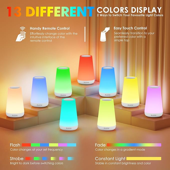 Auxmir Rechargeable LED Night Light, Touch & Remote Control Bedside Lamp with 13 Colors, 5 Brightness Levels, Portable Table Lamp for Kids Baby Nursery, Bedroom, Bathroom, Camping, White