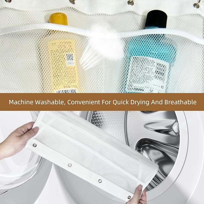 Mesh Shower Caddy Hanging,Hanging Mesh Pockets Shower Curtain Liner Pockets Hanging with Pockets Quick Dry Cruise RV Camper Bathroom Organizer with Shower Curtain Hooks