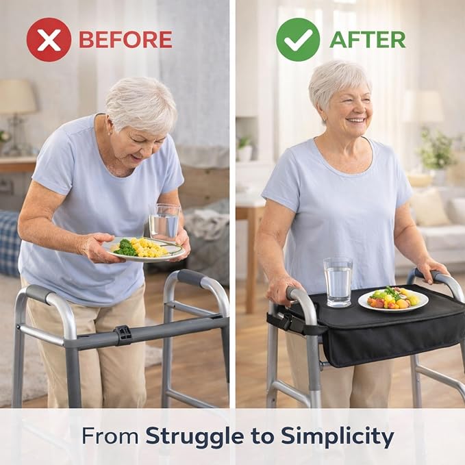 Walker Tray for Folding Walkers, 50 lb Capacity, Cup Holder | 50 lb capacity tray for folding walkers with cup holder and front pockets for meals, drinks, phone, tissues and medications