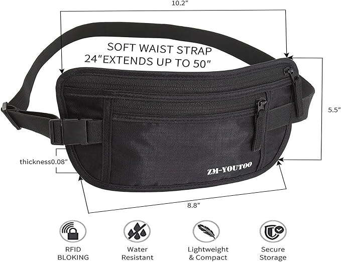 ZM-YOUTOO Money Belt for Travel - Hidden Travel Pouch Protect Your Credit and Money With RFID Blocking Passport Holder Waist Wallet (Black)
