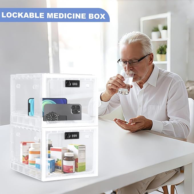 Large Medicine Lock Box, 2 Pack Clear Medication Lock Box for Refrigerator, Lockable Storage with Code for Snacks, Phone, Tablet, Office, School, Home, Childproof First Aid Cabinet