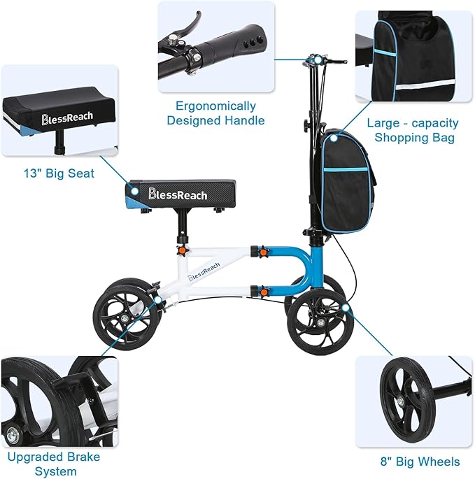 Knee Scooter，Knee Scooter for Adults for Foot Surgery，Steerable Knee Walker for Foot Injuries Compact Crutch Alternative with Dual Braking System (Blue)