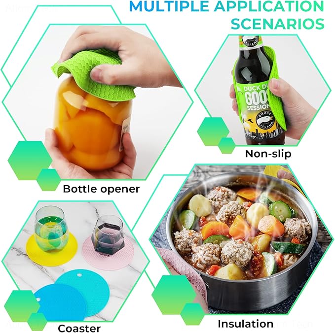 NiHome 4-Pack Silicone Jar Opener Pad for Weak Hands Seniors Kids, Large Non-Slip Jar Gripper Multi-Purpose Kitchen Bottle Opener Non-Tear Lid Opener Rubber Coaster (Candy Color Set)