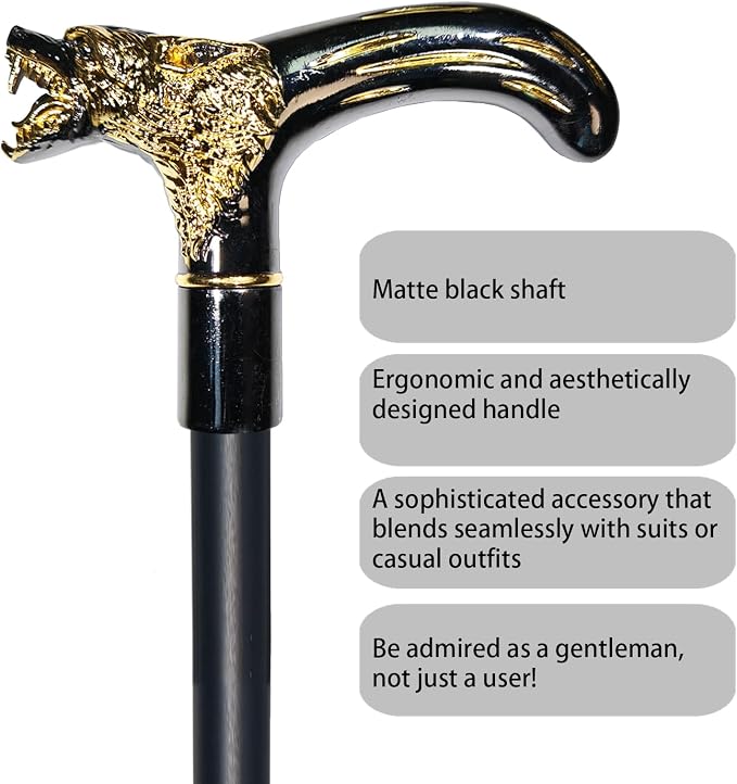 Walking Cane for Men & Women & Seniors - 36.5 Inch Heavy Duty 500+ lbs Capacity, Wolf Ergonomic Handle, Decorative & Ornate Design, Gothic & Goth Elegant Artistry, Metal Cane