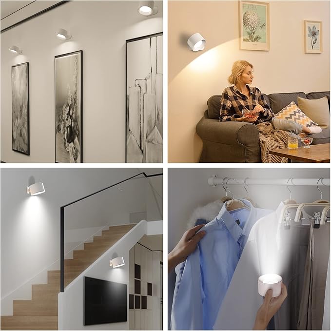 Battery Operated Wall Light, LED Lamp with 360°Adjustable Lighting Indoor Light 3 Color Modes Brightness Levels Touch Control, Mounted for Bedroom Reading Bedside-1Pack White