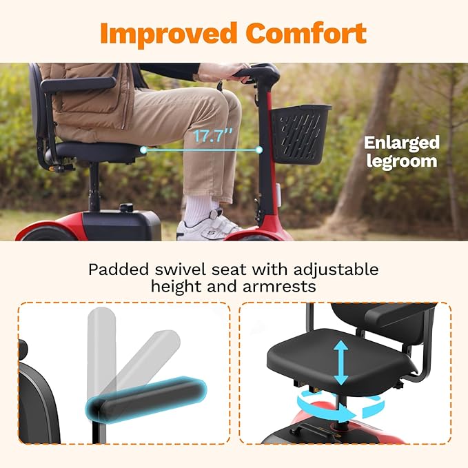 S1 Folding 4-Wheel Mobility Scooter for Seniors – 25-Mile Range, 6.2 mph, All-Terrain Electric Scooter with Adjustable Swivel Seat, 265 lb Capacity, Removable 24V 20Ah Battery – Red