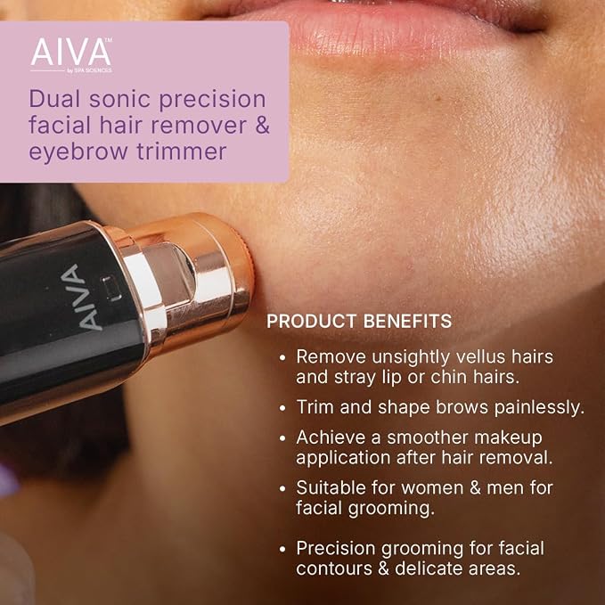 SPA SCIENCES AIVA: 2-in-1/Double Sided Facial Hair Remover & Eyebrow Trimmer USB Rechargeable with Built-in LED Lights