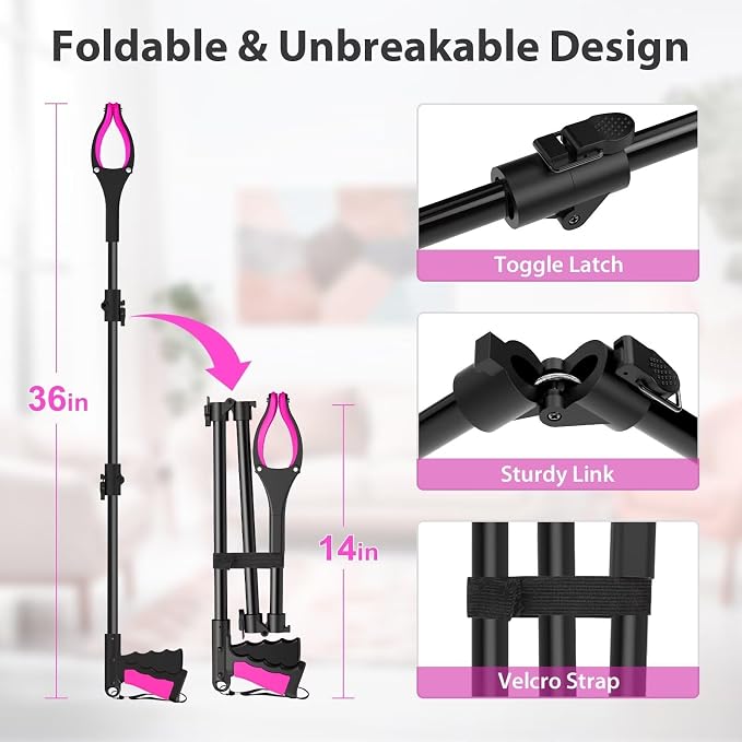 36" Grabber Reacher Tool, Foldable Reacher Grabber Pickup Tool with 360° Rotating Jaw & Two Magnets, Extra Long Trash Picker Upper Grabber, Lightweight Grabbers for Seniors, Pink | 360° Rotating Jaw, Magnetic Tip, Long Hand Grip Pickup Tool, Silicone N...