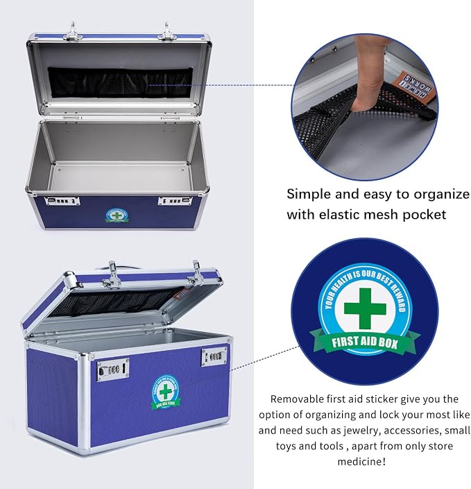 Large Capacity Combination Locking Medicine Box with Portable Storage Case，15''x 8.7''x 9.3'', Childproof Medication Lock Organizer， Lockbox for Secure Cash, ID Documents (BLUE)