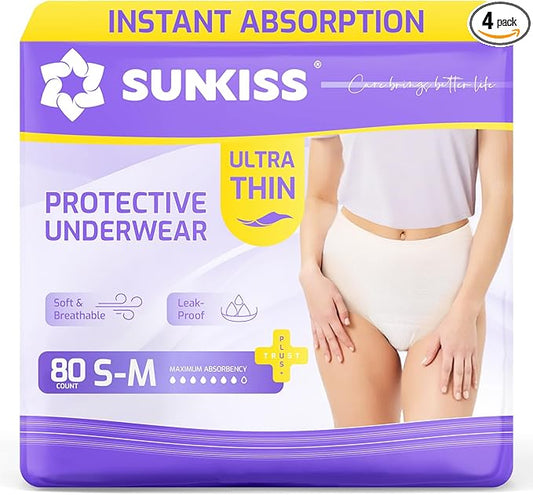 SUNKISS Ultra Thin Incontinence Underwear for Women, High Absorbency & Super Soft Postpartum Diapers, Disposable Adult Pull Ups, Small/Medium, 80 Count
