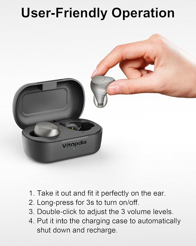 Rechargeable In-the-Ear OTC Hearing Aids for Adults Seniors, Smart Noise Cancellation, HD Sound, 3-Level Volume, 18-Hour Battery with Recharging Case, for Mild to Moderate Hearing Loss