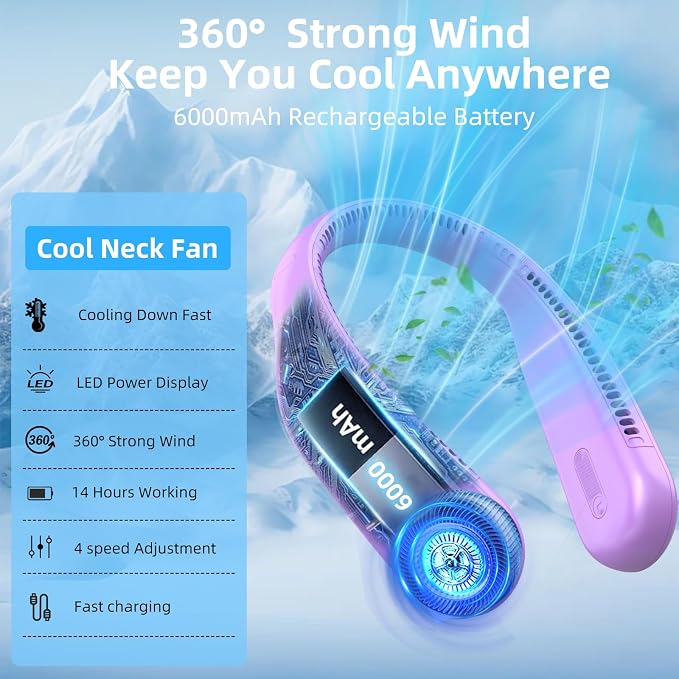 Portable Neck Fan, Personal Wearable Bladeless Fan, 6000mAh USB Rechargeable, 360° Airflow, LED Display, 4-Speeds, Hands Free Fan for Outdoor Indoor, Birthday Gifts for Men Women Dad Mom (Purple)