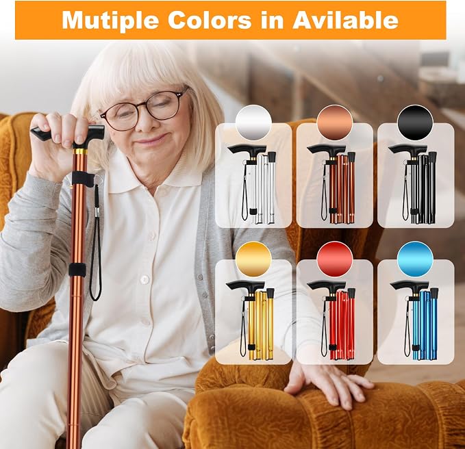 MFE Folding Cane, Portable 5-Level Adjustable Height Walking Stick with Foldable Design, Wrist Strap, and T Handle for Men and Women