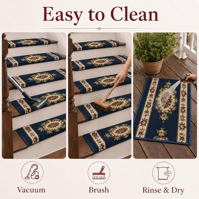 Rounded Bullnose Carpet Stair Treads for Wooden Steps Indoor, No Tape Non Slip Step Mats with TPU Backing & Steel Reinforced Edge for Dogs Elders,Navy Floral,28