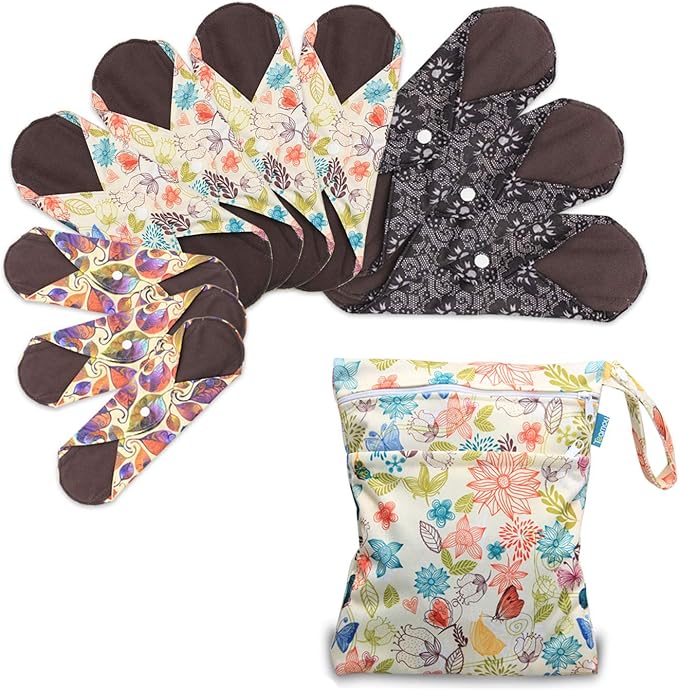 Teamoy Reusable Menstrual Pads, Cloth Sanitary Pad, Panty Liners, Jungle | Washable, Super-Absorbent, Soft and Comfortable, 10 Pcs Pad with 1 Wet Bag, 3pcs×7.9"+4pcs×10"+3pcs×11.6"