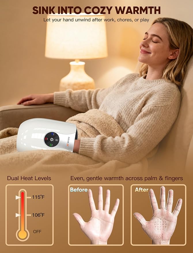 Hand Massager with Heat and Compression : Heated Full Hand Massager for Wrist Palm Fingers and Comfort Relief & Daily Relaxation – 4 Modes 6 Intensities