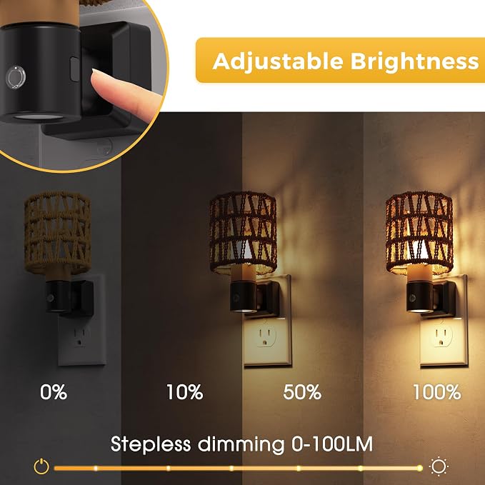 L LOHAS LED Cylindrical Ironwork Boho Lampshade Decor Night Light | 2 Pack Night Lights Plug into Wall,350°Rotatable Dusk to Dawn Sensor Vintage Nightlight for Bedroom Living Room Hallway