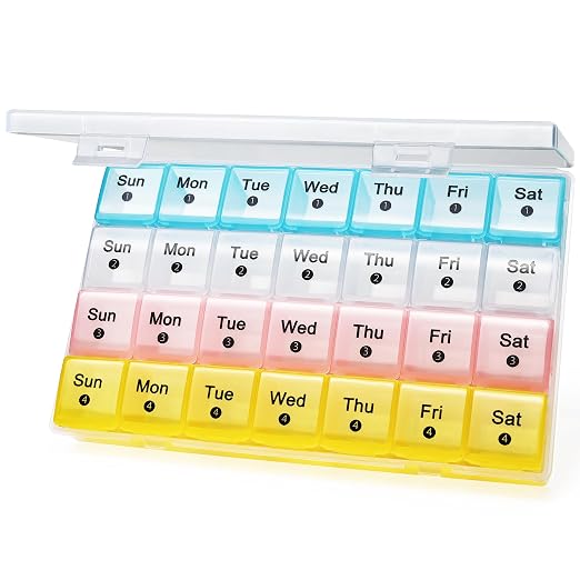FHORAIN Monthly Pill Organizer 28 Day, 4 Weeks Pill Box 7 Day, XL Weekly Medicine Organizer for Vitamins, Fish Oil, Supplements (Multicolor)