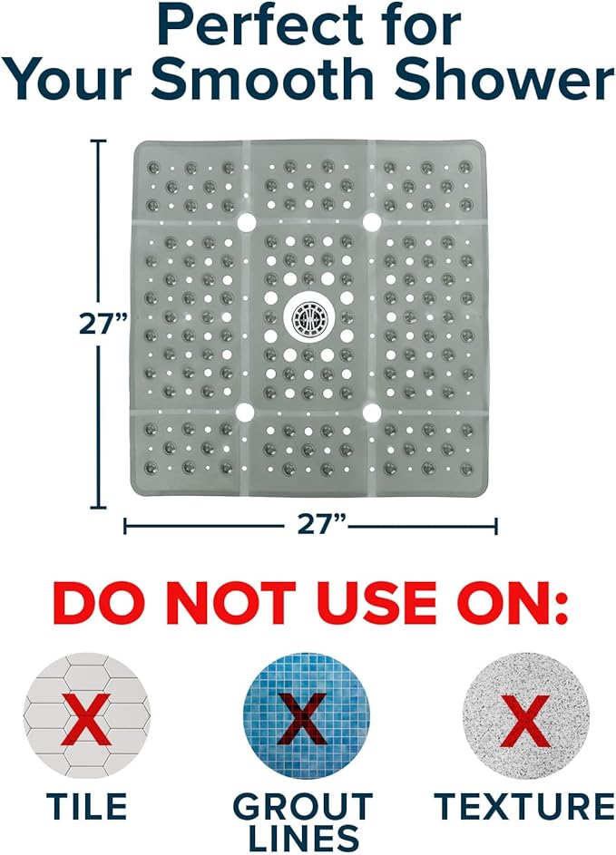 SlipX Solutions 27" Oversize Square Shower Mat, Non-Slip Mat for Elderly & Kids, 100+ Power Grip Suction Cups for Smooth Surfaces, Machine Washable, Translucent Gray