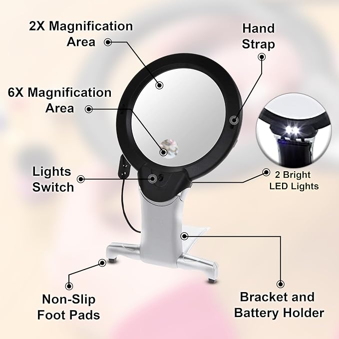 Hands Free Magnifying Glass for Close Work with Light 2X Lens & 6X Spot Magnifier, Neck Hanging LED Magnifier for Seniors, Coins, Cross Stitch, Sewing, Embroidery, Reading, Needlepoint, Hobbies